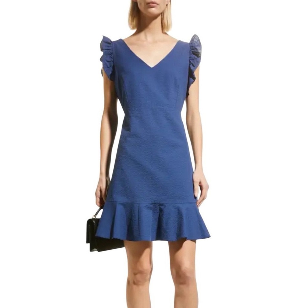 Harshman NEW Naomi V‑Neck Mini Ruffle Dress Cotton‎ in Navy Size Medium